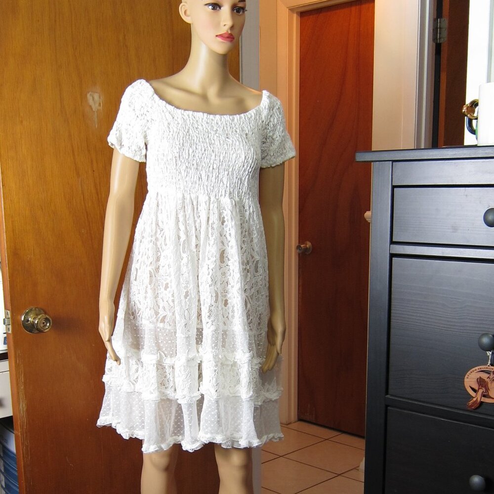 ANTICA SARTORIA Women's Smocked A-Line Dress Knee Length White Sheer One Size